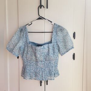 Lulus Dainty Effect Blue Floral Embroidered Pleated Puff Sleeve Top Medium
